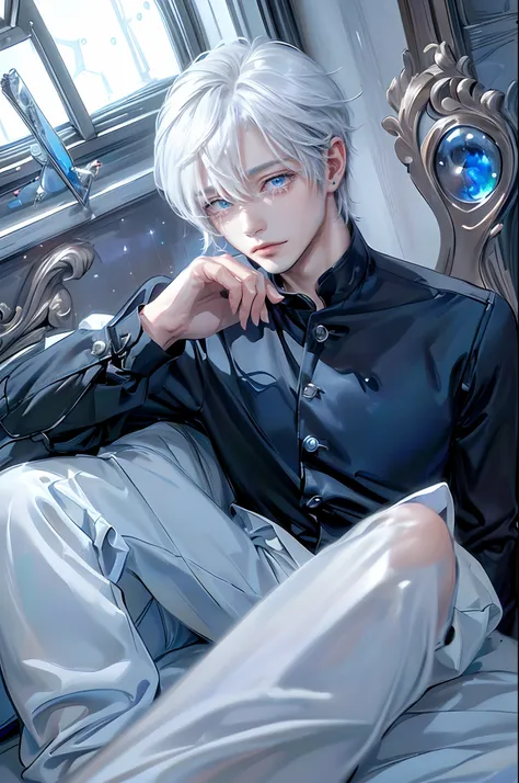 ((4K works))、​masterpiece、(top-quality)、One beautiful boy、Slim body、tall、((Black Y-shirt and white pants、Charming British knight style))、Please wear one jacket、(Detailed beautiful eyes)、Fantastic Night、((You can see the starry sky from the window))、Fantast...