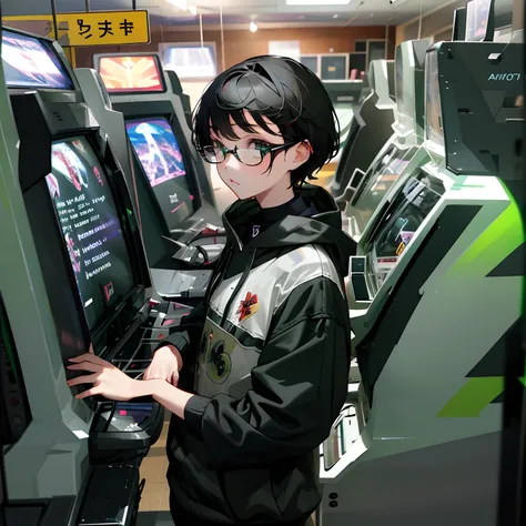 Cute girl with short hair wearing black hair green hoodie glasses green