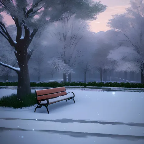 (No Man), unmanned, No Man, landscape, winter, toyko, park, tree, day, bench, high definition detail, Ultra detail, film, ultra-realistic realism, Soft light, Deep focus bokeh, Ray tracing, Art Station Pixel, Makoto Shinkai, Art germ