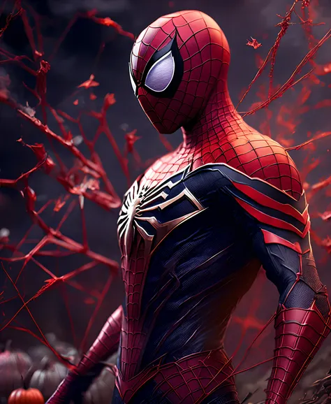 Close-up (Spiderman suit inspired by a pumpkin from Marvel in Goth style: 1.3) emerging from the the pumpkin field, influenced by the colour red velvet, extremely detailed, smoke, sparks, metal shavings, flying debris, volumetric light