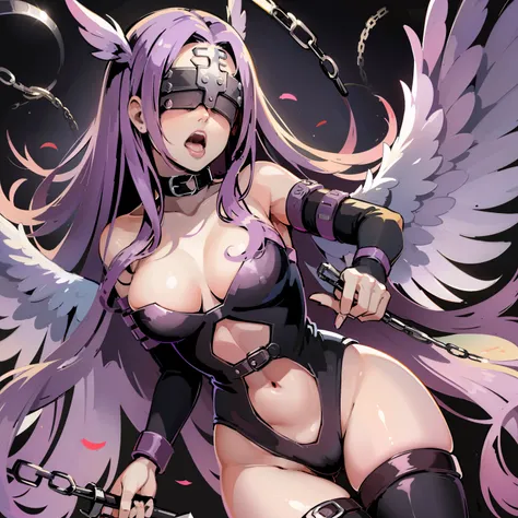 (masterpiece, best quality), (cowboy shot) angewomon, covered eyes, purple hair, (covered eyes:1.7), long purple hair,
Fate go, Medusa, angel wings, bare shoulders, elbow gloves, feathered wings, gloves, head wings, helmet, navel, pink ribbon, ribbon, sing...