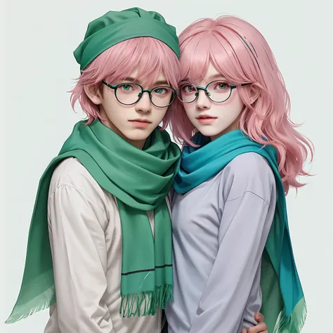 Pink hair
Blue double-line jersey on white background
18-year-old boy
Wear round glasses on your head
Emerald green scarf
Hair is loose and short with outer hair
Green bandana on the head