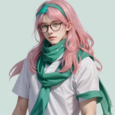 Pink hair
Blue double-line jersey on white background
18-year-old boy
Wear round glasses on your head
Emerald green scarf
Hair is loose and short with outer hair
Green bandana on the head