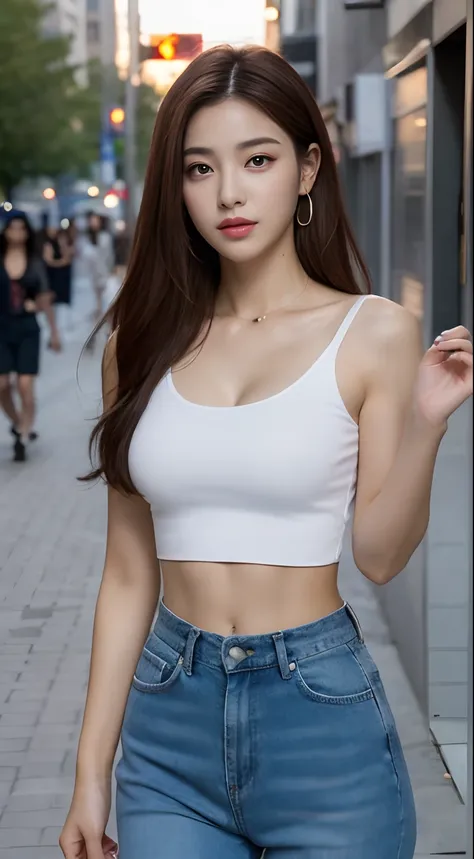 ((Realistic lighting, Best quality, 8K, Masterpiece: 1.3)), Clear focus: 1.2, 1girl, Perfect beauty: 1.4, Big breasts: 1.2, Slim abs: 1.1, ((dark brown hair)), (White crop top: 1.4), (Outdoor, night: 1.1), City streets, Super fine face, fine eyes, Double e...