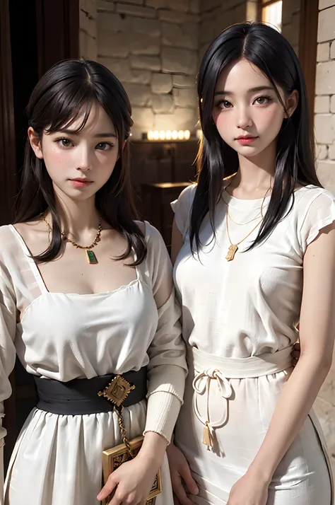 high quality, ultra-realistic,closeup portrait of two Beautiful women of ancient Mesopotamia, full body, ancient Mesopotamian civilization, Babylonia, Uruk, tunics of various lengths, linen garments, agate necklaces, paisley clothing, Kaunakes, bronze ware...