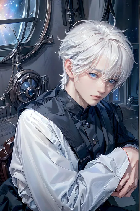 ((4K works))、​masterpiece、(top-quality)、One beautiful boy、Slim body、tall、((Black Y-shirt and white pants、Charming British knight style))、Please wear one jacket、(Detailed beautiful eyes)、Fantastic Night、((You can see the starry sky from the window))、Fantast...