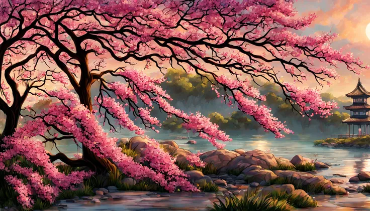 obra-prima, melhor qualidade, alta qualidade, papel de parede 32k extremamente detalhado da unidade CG, an enchanting front view scene of crystal clear lagoon in Japan, Cherry trees in the background, nascer do sol, creating a sense of mystique and enchant...