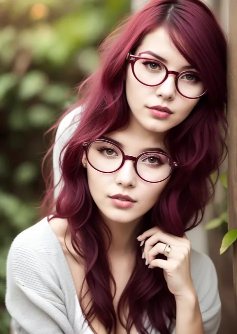 Woman with burgundy red hair - plum with round glasses a little big with thin lips not very pretty