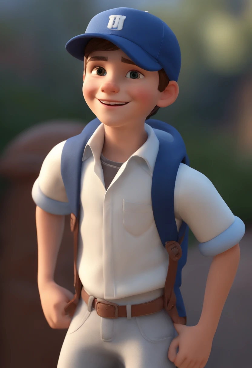 A happy cute boy standing short hair with dark blue cap , vestindo uma camisa azul ,double thums up , fundo branco, barnet, Tom, Estilo Pixar, ......3d, desenhos animados, rosto detalhado, asymmetrical 16k