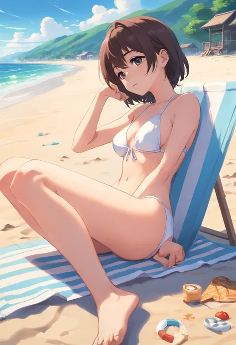 1 {house wife} lying on the beach , a white bikini , bick ass , Troubled face , Beautiful Japan house wife  , embarrassed from , pixie cut ,