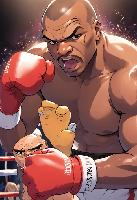 Anime Mike tyson box in the ring, the face is angry, wear boxing gloves, anatomy correct agains muhamed ali