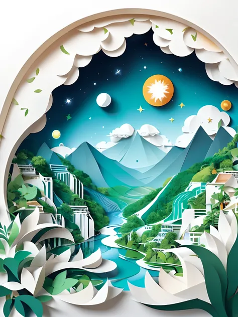 suns，with blue sky and white clouds，Green Mountains and Green Water，terraced， the space ， Paper_cut，