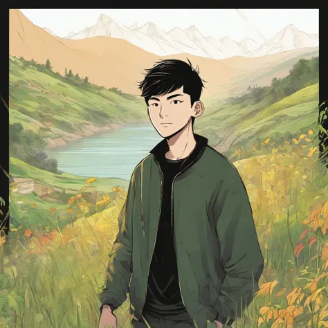 nature, grass, mountain background, breeze, 1asian boy, black sweater, black jeans, black shoes, short hair, facing front, standing, fierce look, masculine, close-up