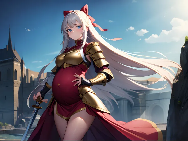 1 girl, long hair, hair ribbon, pregnant, armor dress, holding sword, adventurer, fantasy, at town, facing at viewer, anime style