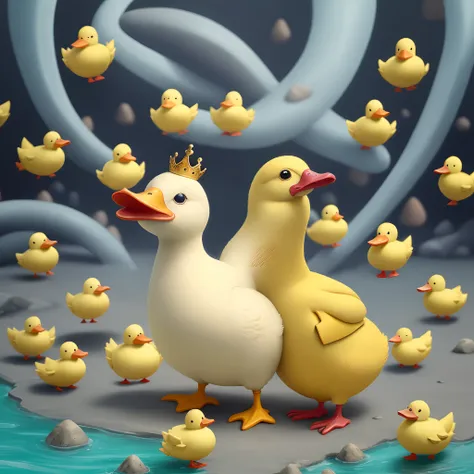 Create a chubby yellow duck that has human arms that resemble noodles in that they lack vertebrae.
O Pato tem pequenas pernas e possui uma Gravata borboleta azul e roxa em seu peito.
The duck possesses a lead-colored Evil Crown with white stones imbued wit...