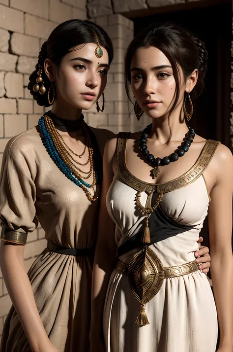 high quality, ultra-realistic,closeup portrait of two Beautiful women of ancient Mesopotamia, full body, ancient Mesopotamian civilization, Babylonia, Uruk, tunics of various lengths, linen garments, agate necklaces, paisley clothing, Kaunakes, bronze ware...