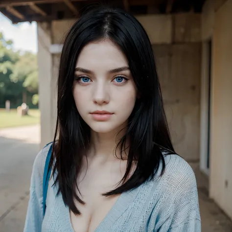 Girl with black hair and blue eyes and pale skin