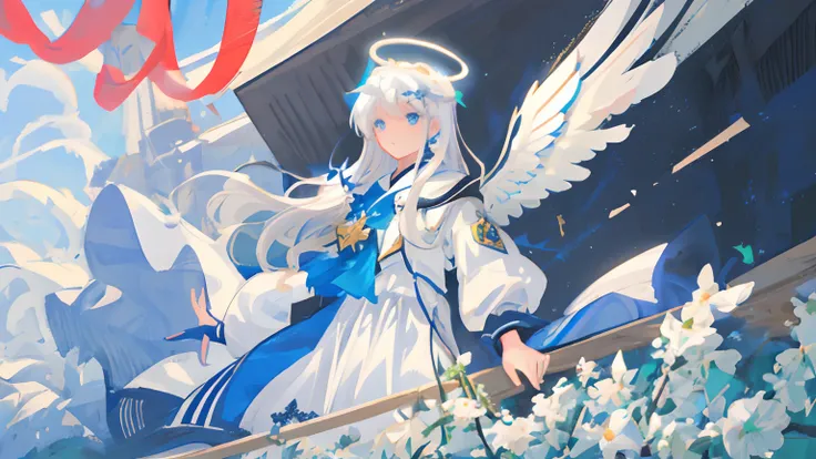 MKSKS style, masterpiece, best quality, super detailed, illustration, direct, face focus, 1girl, white hair, blue eyes, long hair, halo, angel wings, calm expression, looking at the viewer, far away, middle bangs