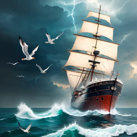 Ship on the high seas with seagulls around and thunder