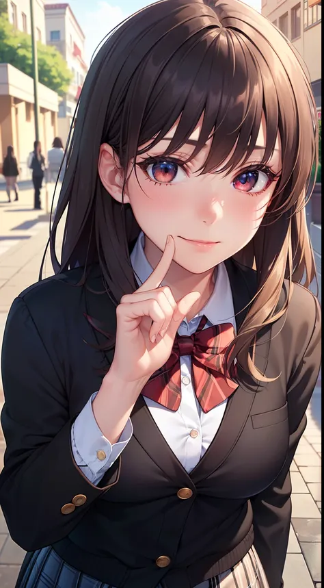 ((masterpiece, best quality, highres, UHD, perfect pixel, depth of field, 4k, RTX, HDR))), 1girl, single, solo, beautiful anime girl, beautiful artstyle, anime character, ((long hair, bangs, brown hair, curly hair:0.8)), ((red eyes:1.4, rounded eyes, beaut...