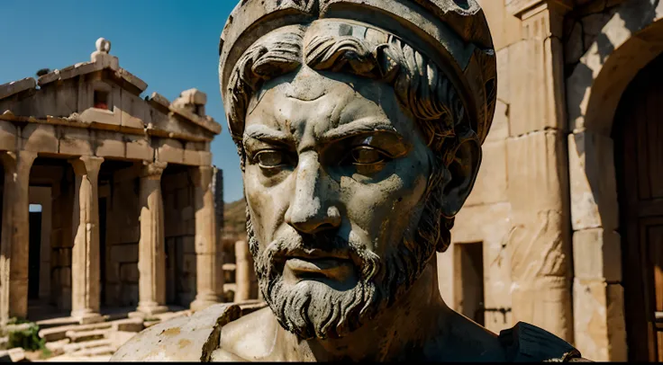 Ancient Stoic Statue With Very Angry Expression, tem barba, muitos detalhes em ambos os olhos, Outside, fundo atenas grego, open sky, com rosto extremamente detalhado full body view, Colors with low saturation with dark tone, Filmado em Sony A7S III com So...