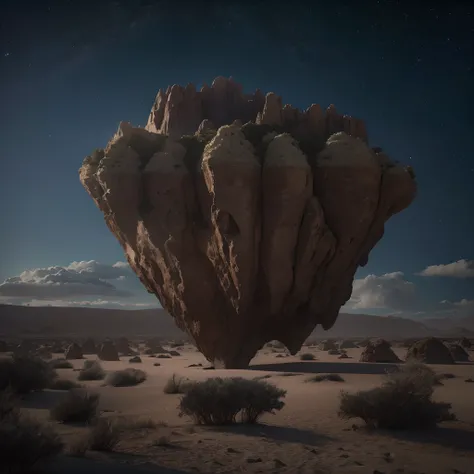 Theres a big floating island rock in the sky, pairando sobre um deserto, floating island in the sky, Realistic, cinemactic, 35 mm, (master part：1.2), (best quality), 4k, ultra-detalhado, Amanhecer, Noite, atmosfera escura, Amanhecer, noite, The atmosphere ...