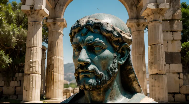 Ancient Stoic Statue With Very Angry Expression, tem barba, muitos detalhes em ambos os olhos, Outside, fundo atenas grego, open sky, com rosto extremamente detalhado full body view, Colors with low saturation with dark tone, Filmado em Sony A7S III com So...