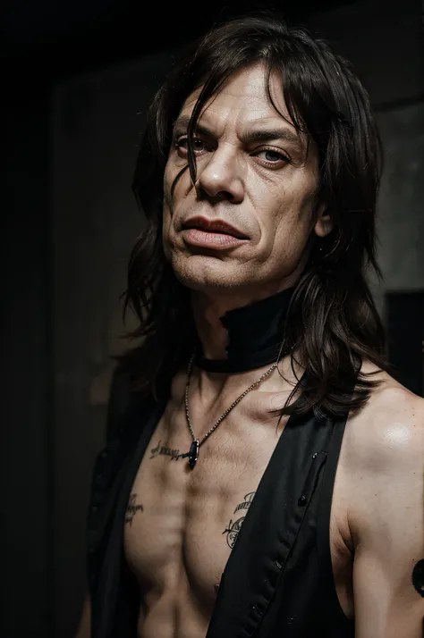 Mick jagger in a black metal band, with heavy make up