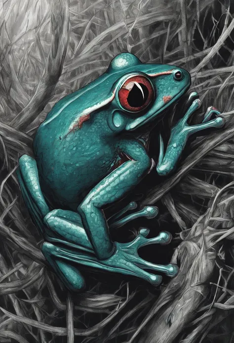 It was a red-eyed tree frog，The whole body is turquoise，Blood red eyes，Mosquitoes are preying on mosquitoes in a cluster of weeds