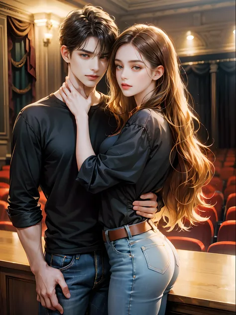 Couple, 1 girl 1 boy, different hair color, longe brown wavy hair, no bangs and brown eyes, top and jeans, short black hair, wavy hair and (sky blu eyes) , black shirt, jeans. They look at the viewer, hug, height different, detailed face, detailed hands. B...