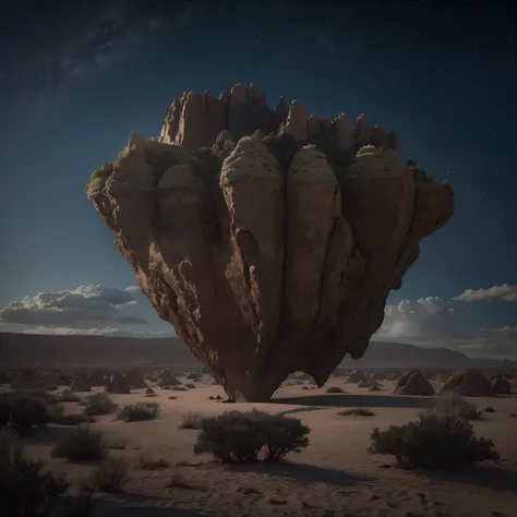 Theres a big floating island rock in the sky, pairando sobre um deserto, floating island in the sky, Realistic, cinemactic, 35 mm, (master part：1.2), (best quality), 4k, ultra-detalhado, amanhecer, noite, atmosfera escura, amanhecer, noite, The atmosphere ...