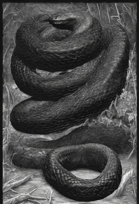 The body of the black snake snake is about one meter long，Thick arms，The whole body is covered with dark snake scales，The eyes appear a cold dark gold，Faint venom lingered on the two inverted hook-like fangs。