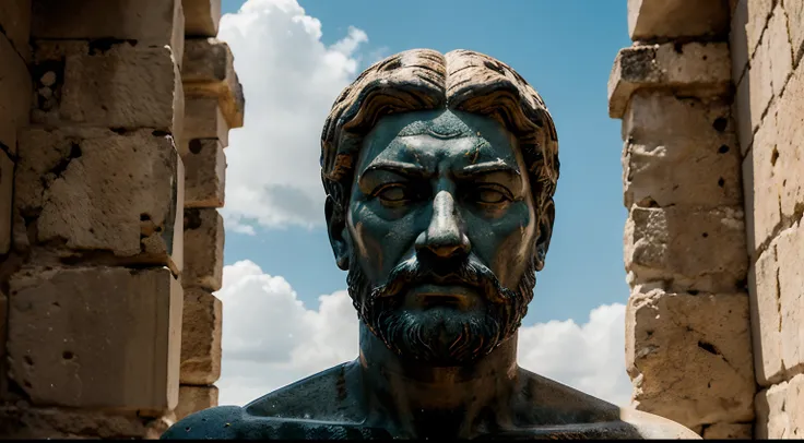 Ancient Stoic Statue With Very Angry Expression, tem barba, muitos detalhes em ambos os olhos, Outside, fundo atenas grego, open sky, com rosto extremamente detalhado full body view, Colors with low saturation with dark tone, Filmado em Sony A7S III com So...