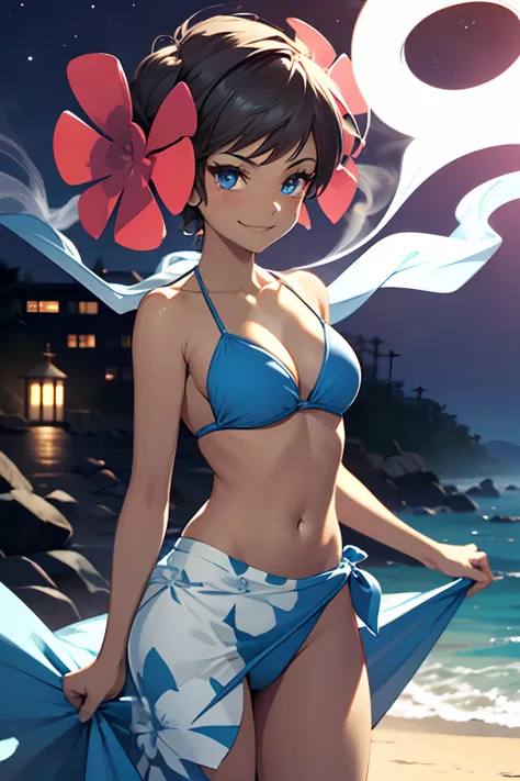 Phoebe, dark skin, coloured brown skin, eyelashes, mascara, blue eyes, 1girl solo, bikini, sarong, hair flower, beach at night background, ambient lighting, dark scary fog, ghostly, smug smile, ghostly smoke