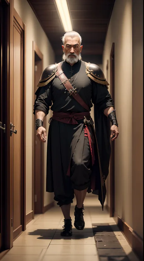 Realistic 8k image of a 60 year old oriental man dressed in a black RPG warrior style cleric costume walking down the hallway of an orphanage, anime style art