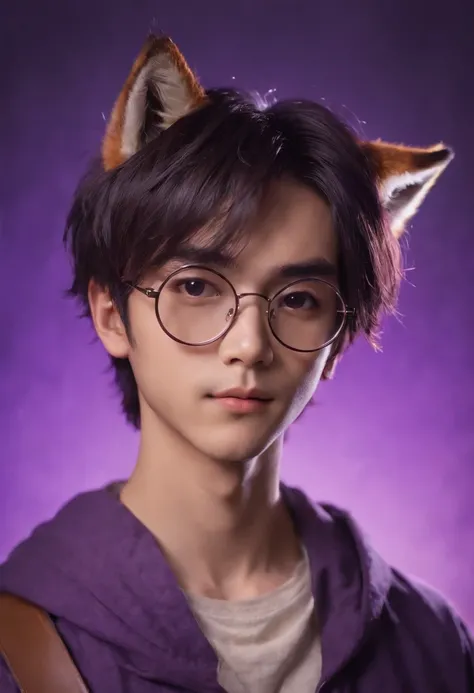 Anime boy with fox ears and round glasses in front of round purple background, Demon Slayer art style, cute guy in Demon Slayer art, Handsome Japanese Monio boy, arcane art style, Cute anime fox, The demons