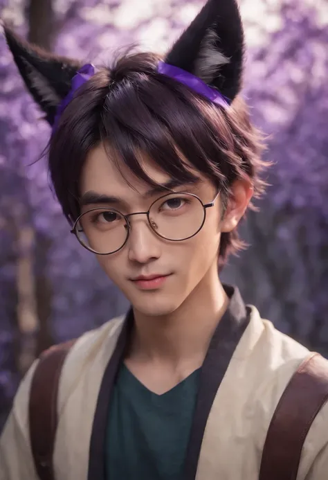 Anime boy with fox ears and round glasses in front of round purple background, Demon Slayer art style, cute guy in Demon Slayer art, Handsome Japanese Monio boy, arcane art style, Cute anime fox, The demons