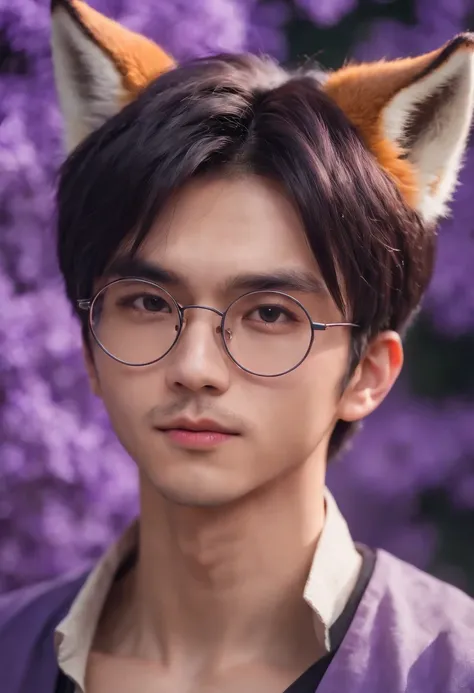 Anime boy with fox ears and round glasses in front of round purple background, Demon Slayer art style, cute guy in Demon Slayer art, Handsome Japanese Monio boy, arcane art style, Cute anime fox, The demons