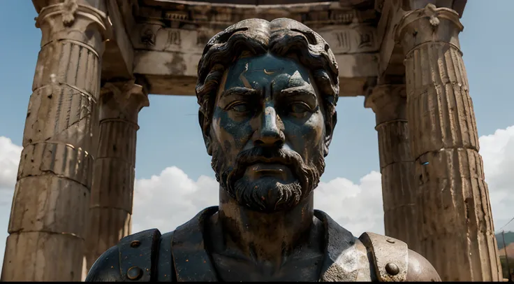 Ancient Stoic Statue With Very Angry Expression, tem barba, muitos detalhes em ambos os olhos, Outside, fundo atenas grego, open sky, com rosto extremamente detalhado full body view, Colors with low saturation with dark tone, Filmado em Sony A7S III com So...