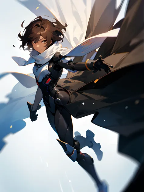 Masterpiece, highres, High quality, Dark skin teen, male, slightly buff, medium dark brown hair hair, big innocent eyes, wearing a black full body exosuit, six white long torn scarf, hooded white cloaks, looking at planet earth, White wrist guards, dramati...