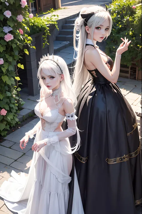 Standing a woman in a white and black dress, posing for photography, anime girl in a maid costume, The Magnificent Maiden, Anime Girl Cosplay, cosplay of a catboy! maiden! Dress, Tifa Lockhart with white hair, with white long hair, with long gray hair, Mai...