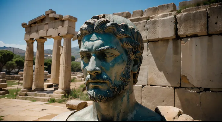 Ancient Stoic Statue With Very Angry Expression, tem barba, muitos detalhes em ambos os olhos, Outside, fundo atenas grego, open sky, com rosto extremamente detalhado full body view, Colors with low saturation with dark tone, Filmado em Sony A7S III com So...