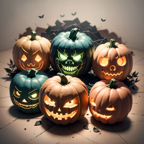 Generative AI illustration of illuminated carved pumpkins with different evil faces in darkness at Halloween night, photorealistic, RAW photo, 8k, high quality, film graim --auto --s2