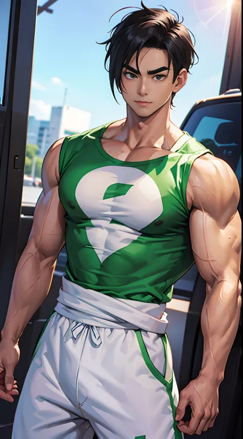 gohan muscular body , looking at the camera, right tshirt