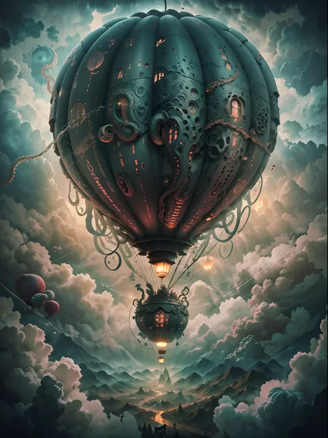 a hot air balloon flying above clouds,hp.lovecraft-inspired,ominous atmosphere,ancient and mysterious design,detailed tentacles ...