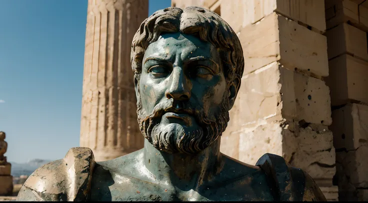 Ancient Stoic Statue With Very Angry Expression, tem barba, muitos detalhes em ambos os olhos, Outside, fundo atenas grego, open sky, com rosto extremamente detalhado full body view, Colors with low saturation with dark tone, Filmado em Sony A7S III com So...