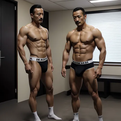 aged 40，Hidetoshi Nakata ，（Kogoro Mouri 1.3），Two muscular men together，Naked upper body，Crotch contour，Wear sexy briefs，with mustache，tmasterpiece，k hd，black long socks，the feet，Business suit