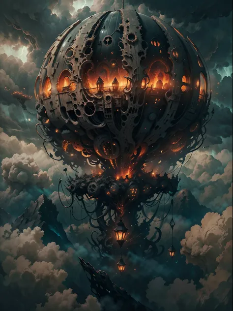 close shot of a a hot air balloon flying above the clouds, glowing with otherworld energy,hp.lovecraft style, (best quality,4k,8...