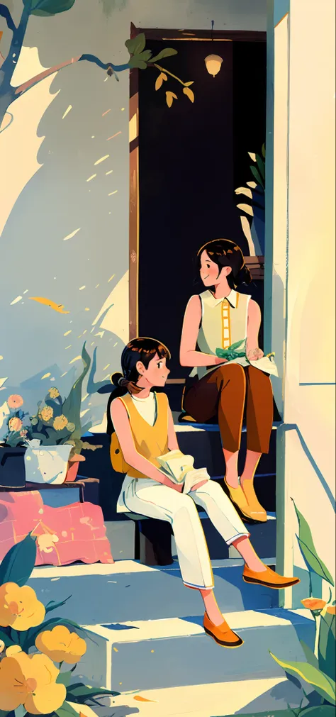 1 girl,Computer， Solo, stairways, Long hair, Brown hair, plant, shirt, Bird, Sleeveless shirt, Yellow footwear, Sleeveless, Sitting, White trousers, Skirt, flower, Smile, White skirt, orange footwear, Leaves, Black eyes, Wide shot, shoe, pink flower, trous...