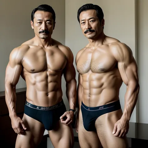 aged 40，Hidetoshi Nakata ，（Kogoro Mouri 1.3），Two muscular men together，Naked upper body，Thick body hair，Crotch contour，Wear sexy briefs，with mustache，tmasterpiece，k hd，black long socks，the feet，Business suit